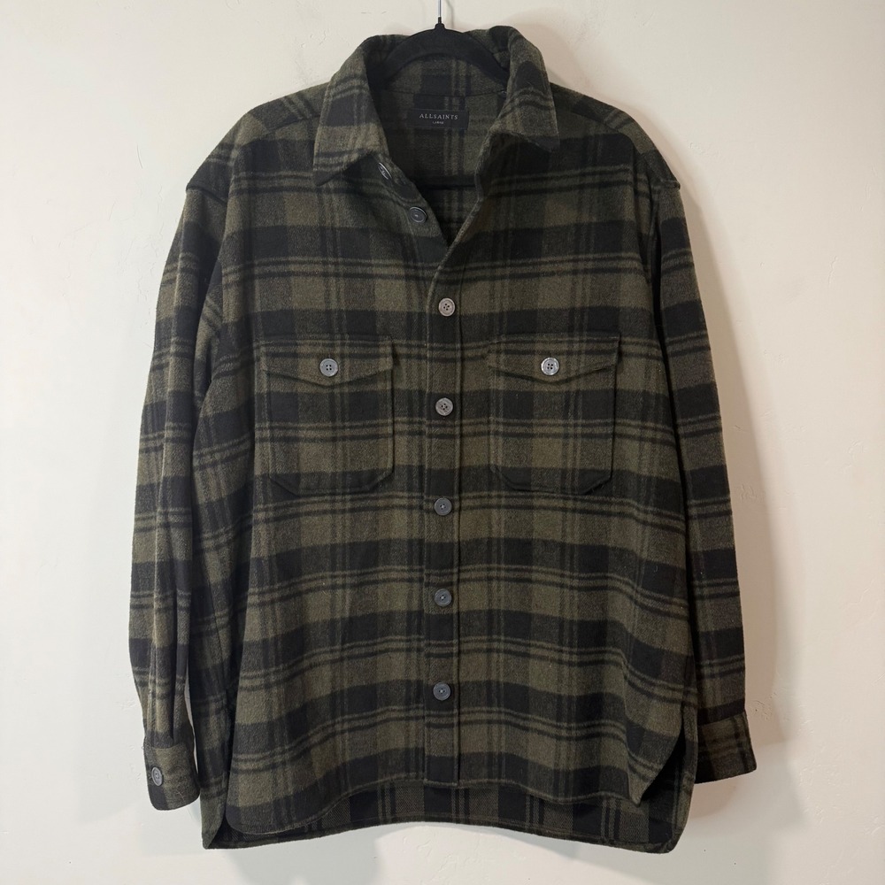 AllSaints Mens Asbury Long Sleeve‎ Shirt Large Green Excellent Plaid Wool Blend